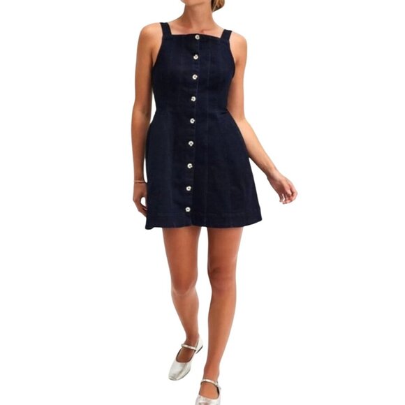 Free People Gimme More Denim Button-Front Mini Dress Adjustable Straps Medium - Picture 1 of 15
